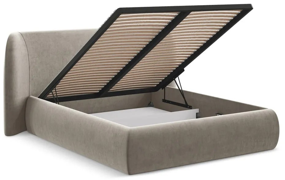 Szürkésbarna kárpitozott ágyneműtartós franciaágy ágyráccsal 160x200 cm Hauke – Makamii