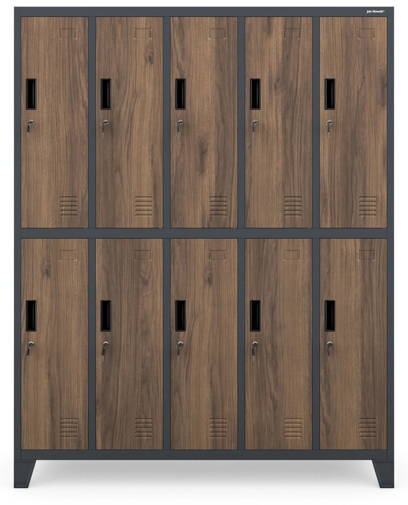 Pléh öltözőszekrény lábakon, 10 rekeszes BARTEK, 1360 x 1720 x 450 mm, Eco Design: antracit/ dió