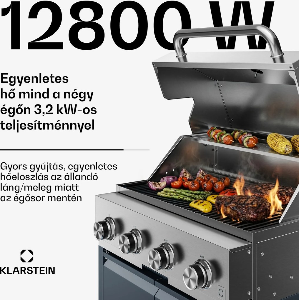 Klarstein WaldChef kerti konyha | Gázgrill | 4 égő | 30 mbar | 12800 W | Öntöttvas rács | Rozsdamentes acél