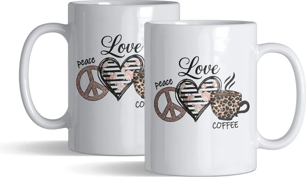 Bögre neki „Peace, Love, Coffee” elegáns, ajándéknak is tökéletes