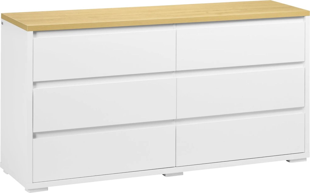 HOMCOM 6 Fiókos Komód Fehér Forgácslapból Hálószobába, Tanulmányhoz és Nappaliba, 140x37x75cm | Aosom