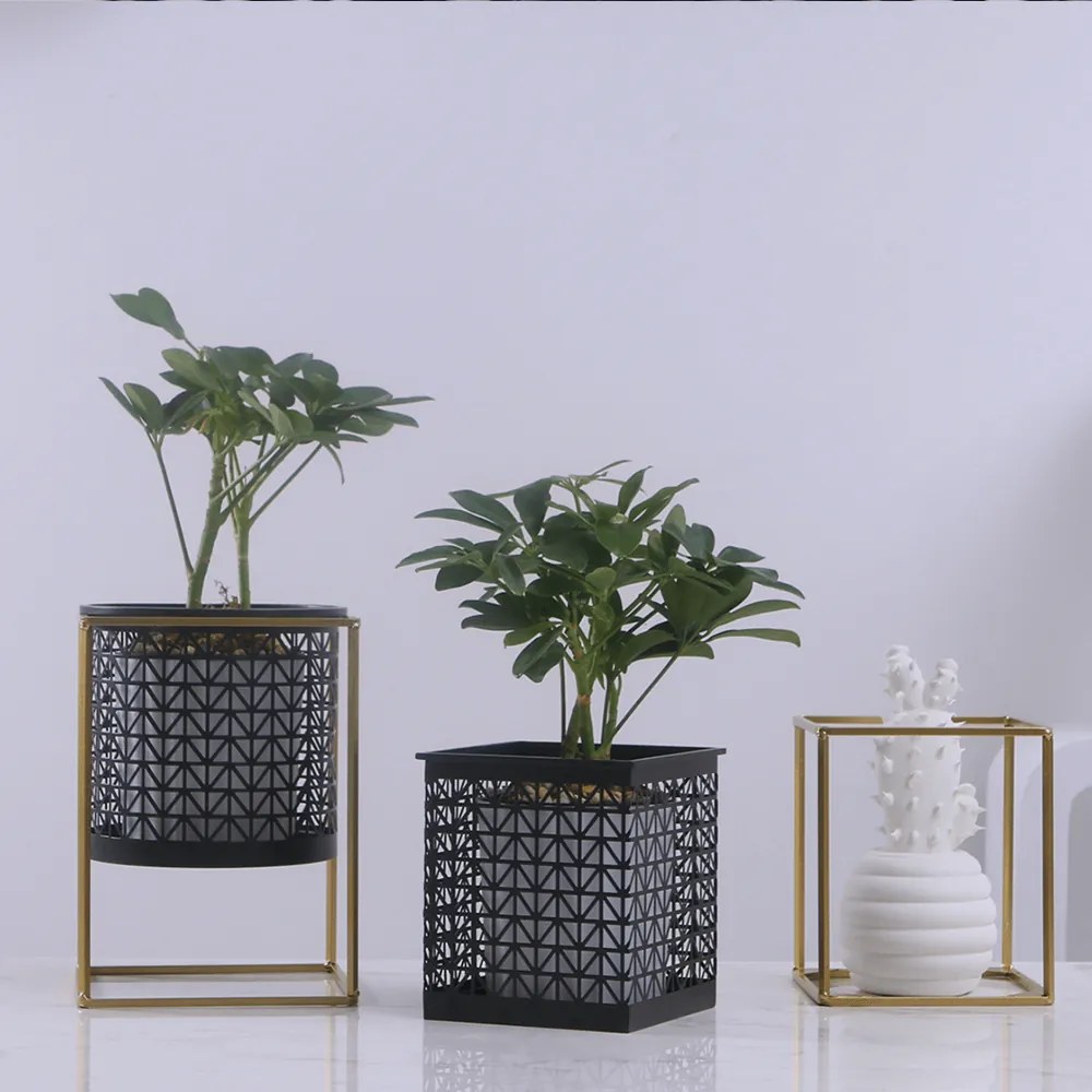 2 darabos virágtartó állvány szett, szögletes/kerek, fekete/arany, ESME SET