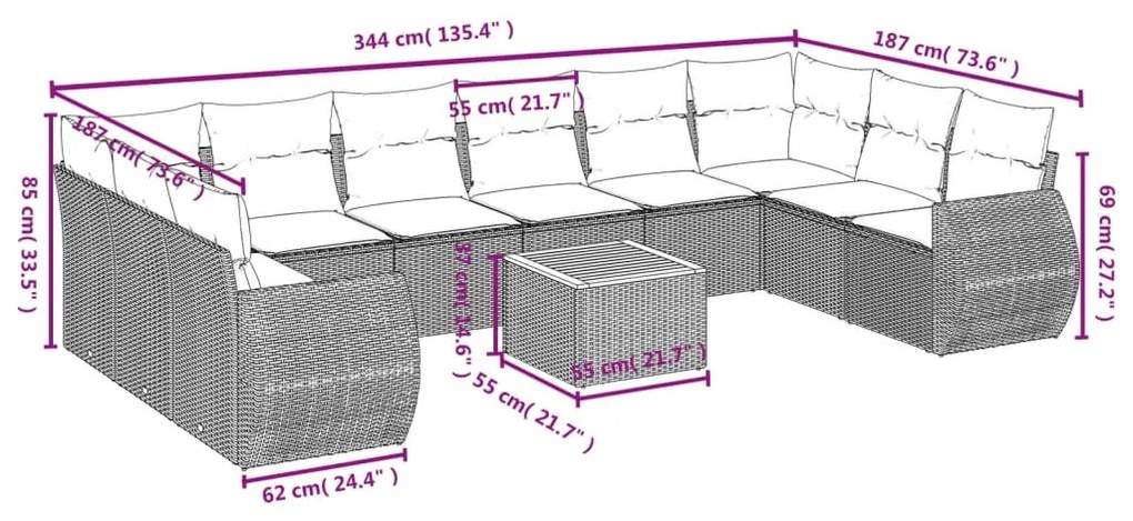 11 részes szürke polyrattan kerti ülőgarnitúra párnákkal