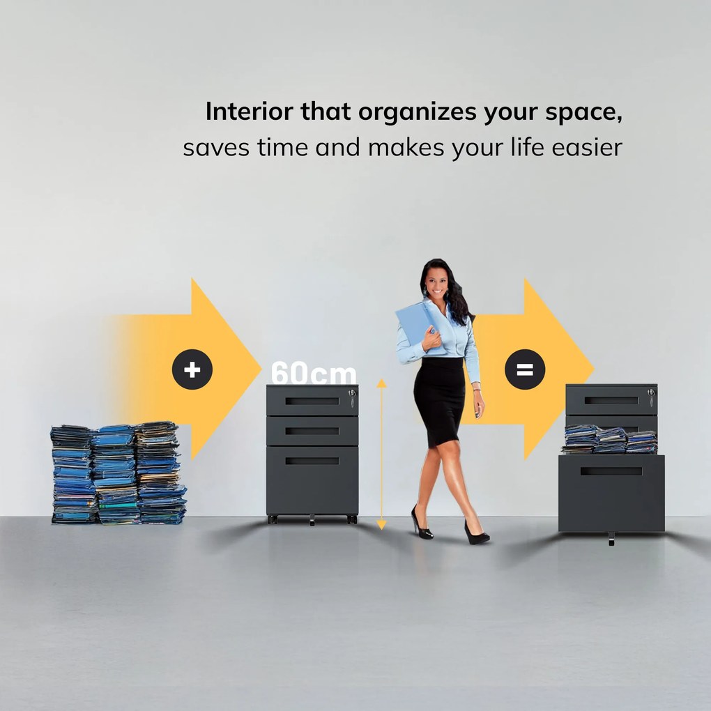 KATE görgős konténer íróasztal alá – 390 x 600 x 500 mm, antracit színű