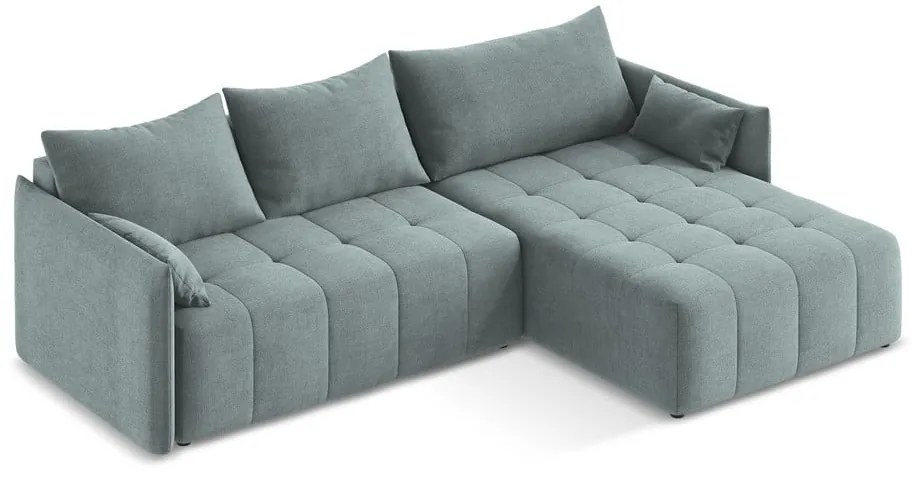 Kék kinyitható-tárolóhelyes sarokkanapé (jobb oldali-heverő résszel) Moku – Makamii