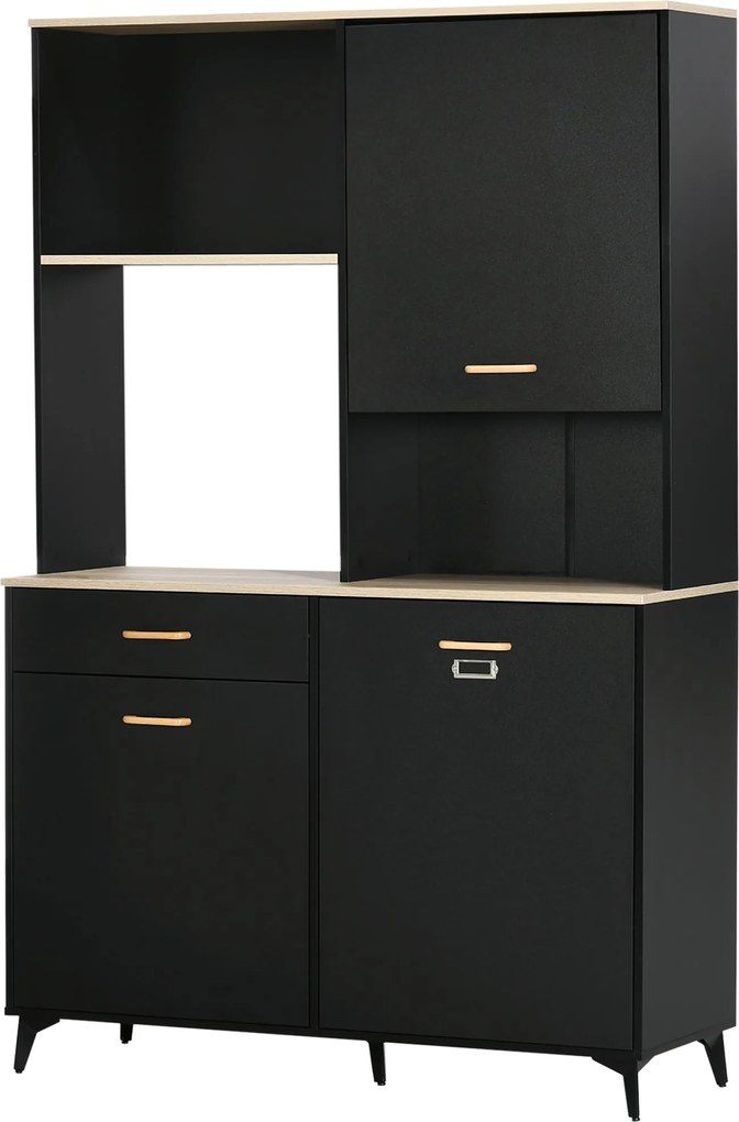 HOMCOM Konyhai Spájz és Oldalszekrény 1 Fiókkal, 3 Ajtóval és Nyitott Tárolóval, Modern Stílus, Mikrosütő Állvány 119x41x180 cm Fekete | Aosom