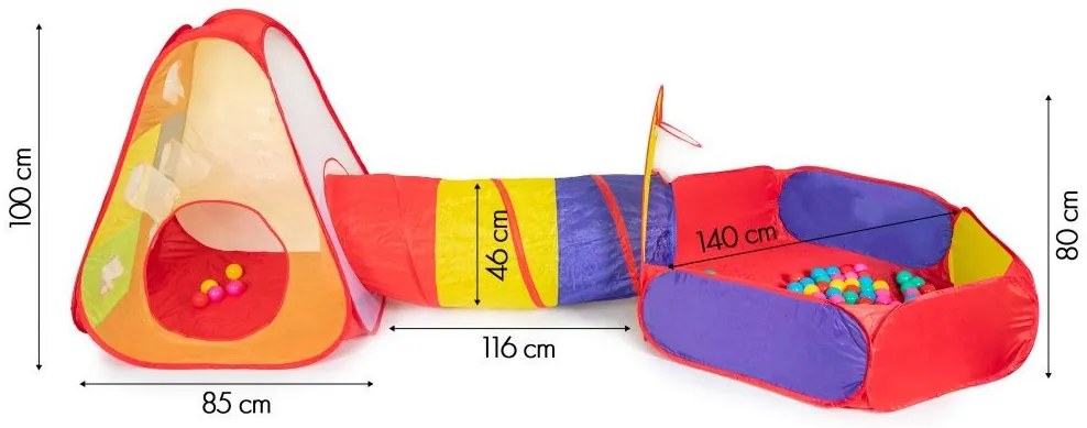 Játszósátor medencével és alagúttal + 100 db labdával