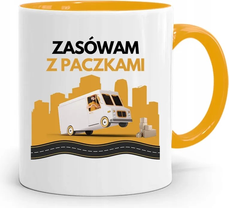 Sárga Bögre Futárnak Ajándék Csomagokkal, fényképes nyomattal