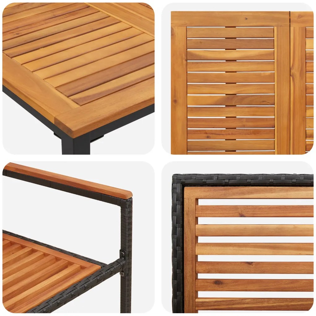 3 darabos kerti étkezőszett fekete műrattan akáccal, Egymásra rakható kerti székek párnákkal 2 db fekete műrattan, Kerti asztal 90x90x75 cm tömör akácfa és fém