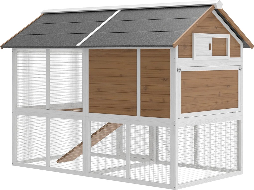 PawHut fa tyúkól kifutóval és fészekládával 4 tyúknak, 200 x 104 x 145 cm, kihúzható tálca, vízálló zsindelytető, barna | Aosom