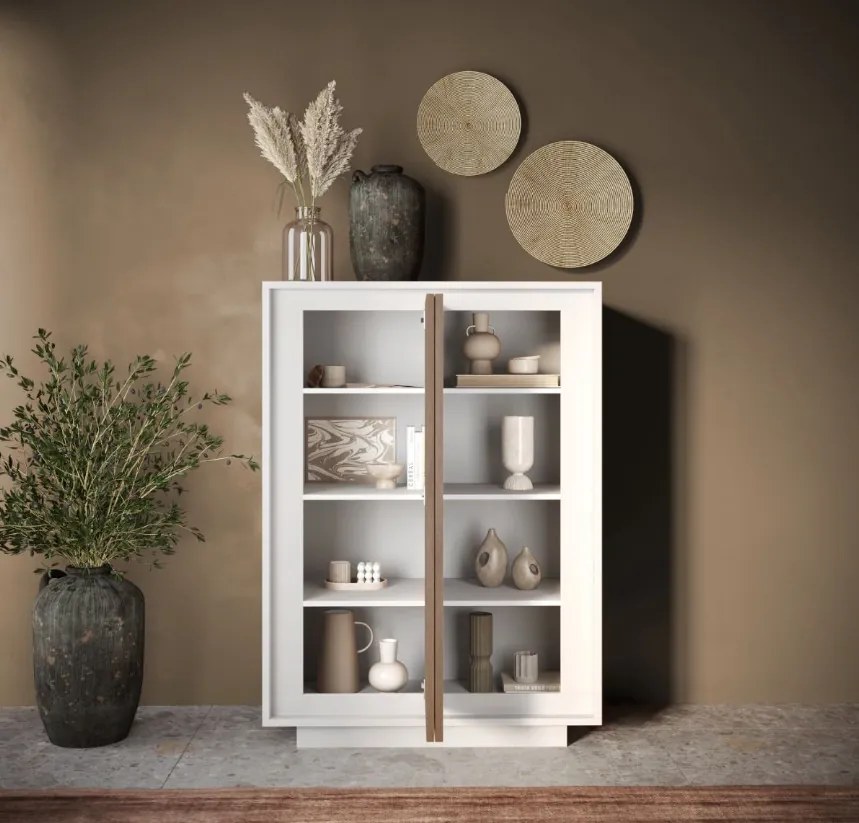 SKY 2.0 magas komód, 2 ajtóval, fehér matt lakkozott vázzal és Mercuri tölgy mintázatú laminált előlapokkal