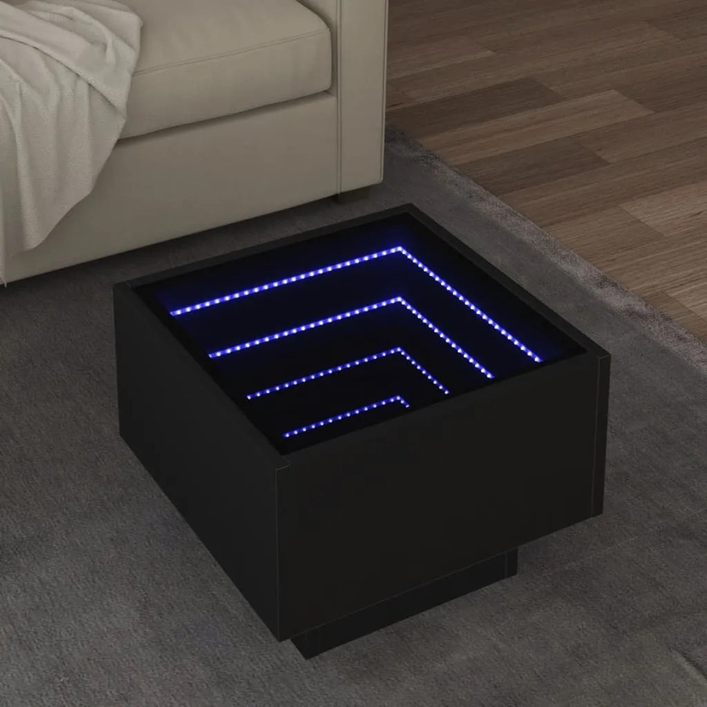 Fekete szerelt fa kisasztal LED-del 40 x 40 x 30 cm