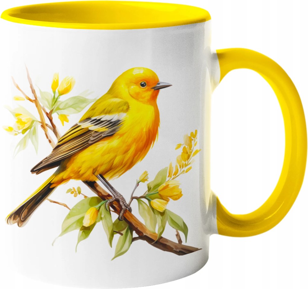 Bögre Gyönyörű Sárga Madár Virág Akvarell Ajándék 330ml +csomag