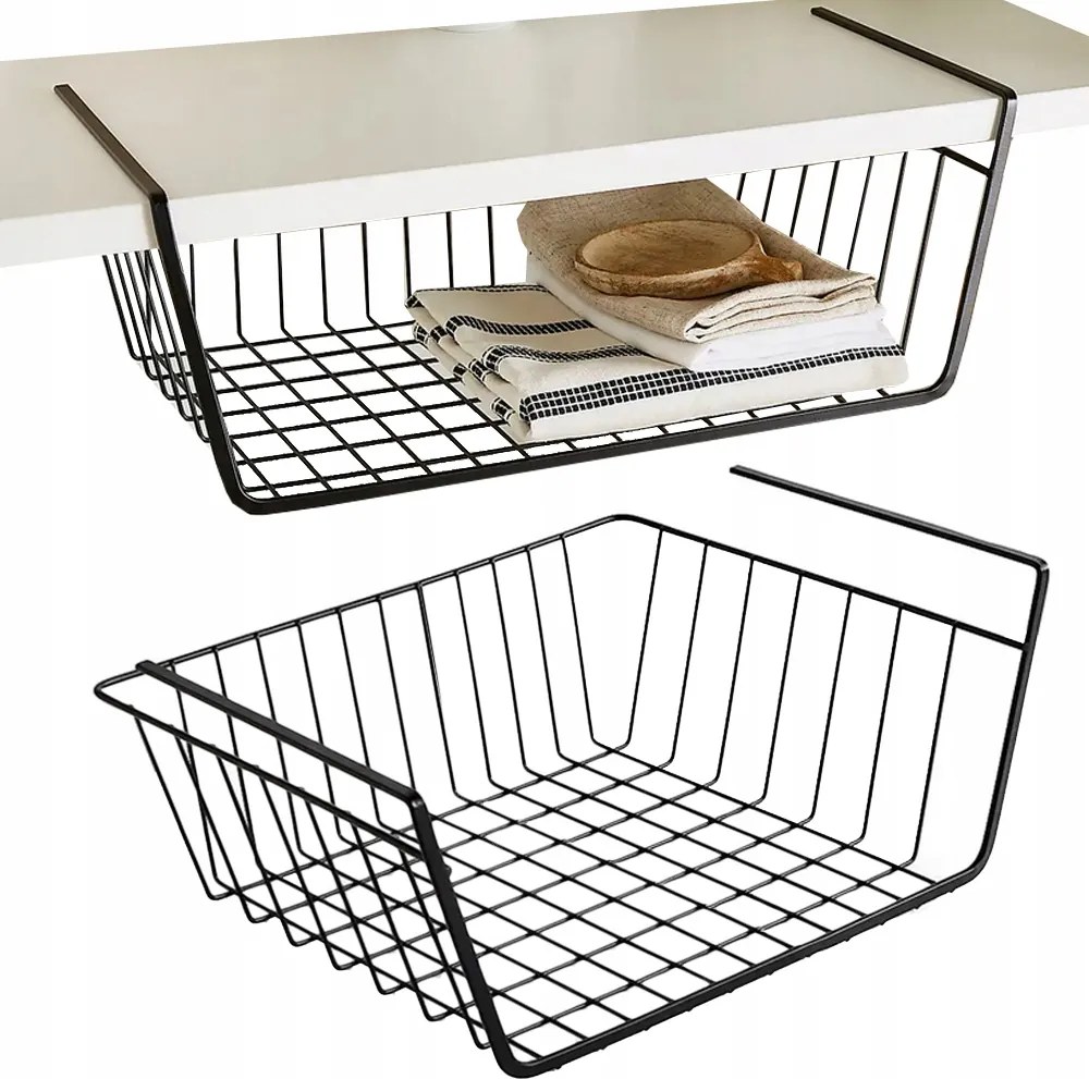 Polcra akasztható kosár Fém kosár rendszerező Konyhai kosár Fekete L