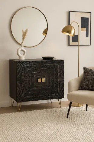 Mandala mintás fekete tálalószekrény arany antikolással mangófa