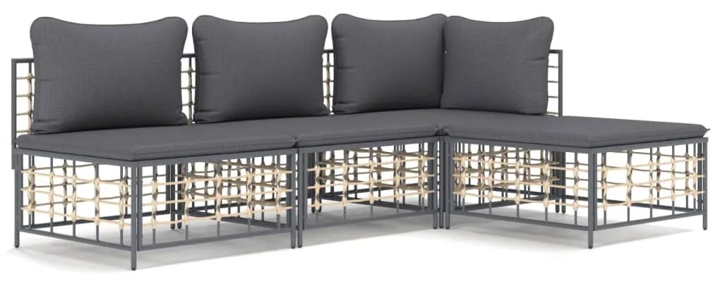4 részes antracitszürke polyrattan kerti ülőgarnitúra párnákkal