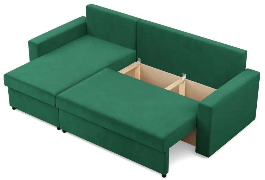 Zeus sarokkanapé, 2 ágyneműtartóval, egyenes kartámasz, bársony, univerzális oldal, bonell töltet, zöld