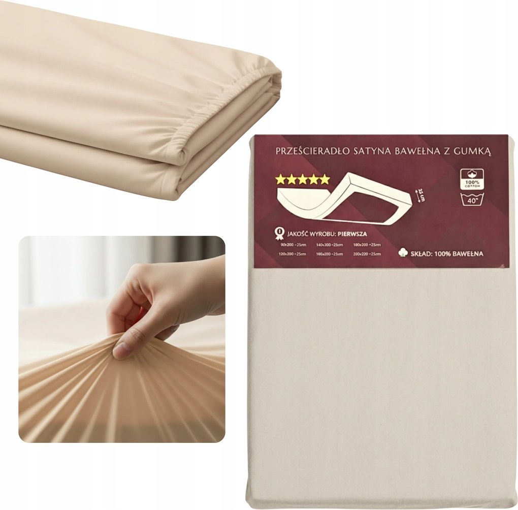 Pamut-szatén gumis lepedő 200x220cm 25cm Bézs Puha