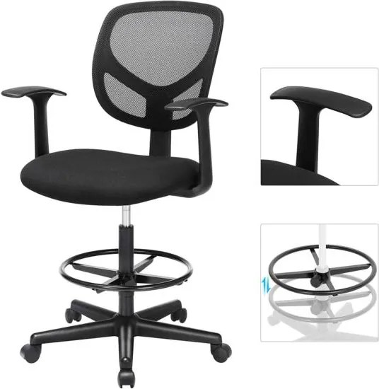 Ergonomikus irodai szék kartámaszokkal, magas forgó szék 55-75 cm ülésmagasság, fekete