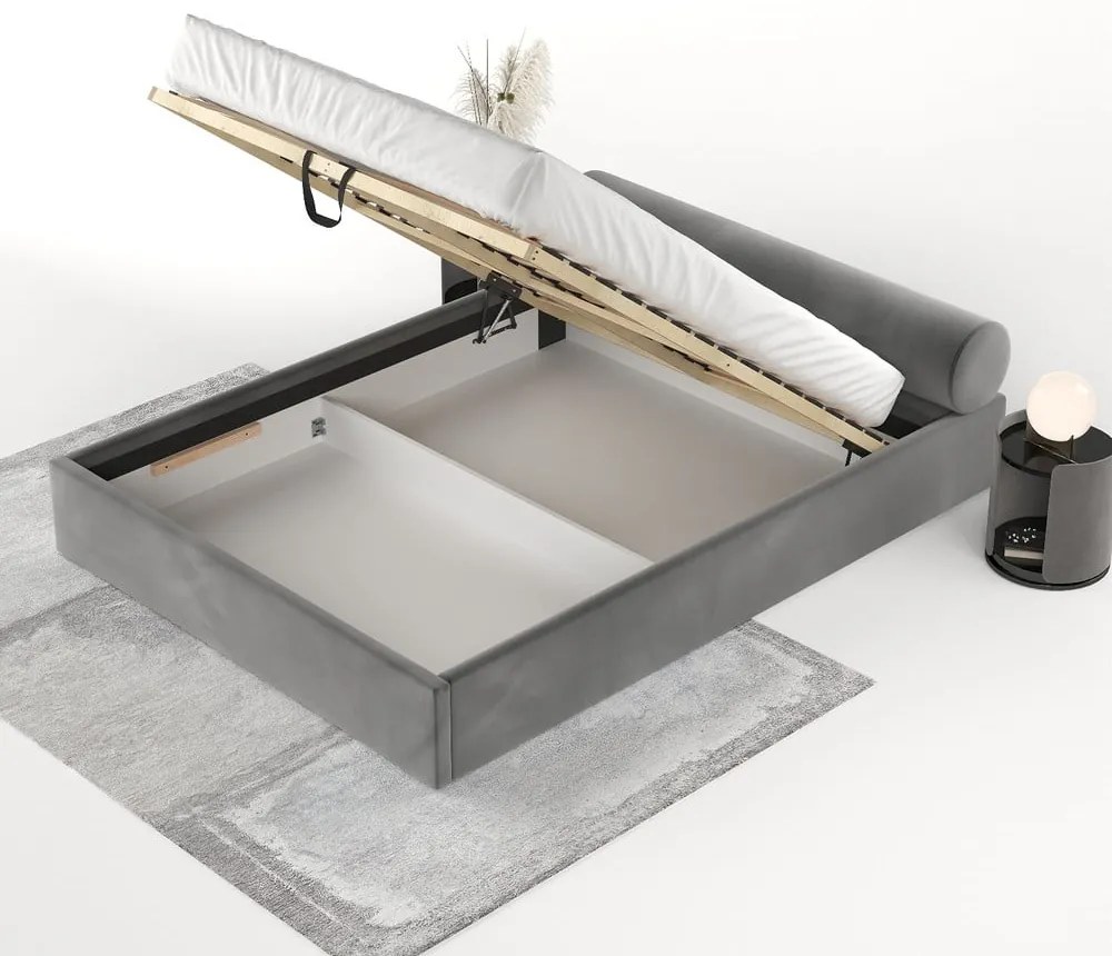 Sötétszürke kárpitozott ágyneműtartós franciaágy ágyráccsal 160x200 cm Solvo – Maison de Rêve