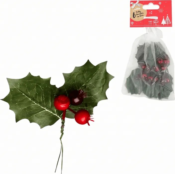 Karácsonyi dekoráció dróton HOLLY LEAVES 13 cm 6 db