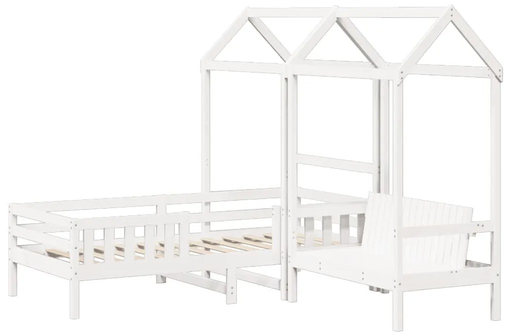fehér tömör fenyőfa ágy és pad szett tetővel 75 x 190 cm