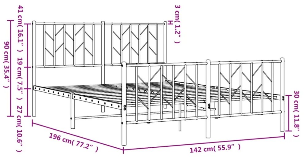 fekete fém ágykeret fej- és lábtámlával 135 x 190 cm