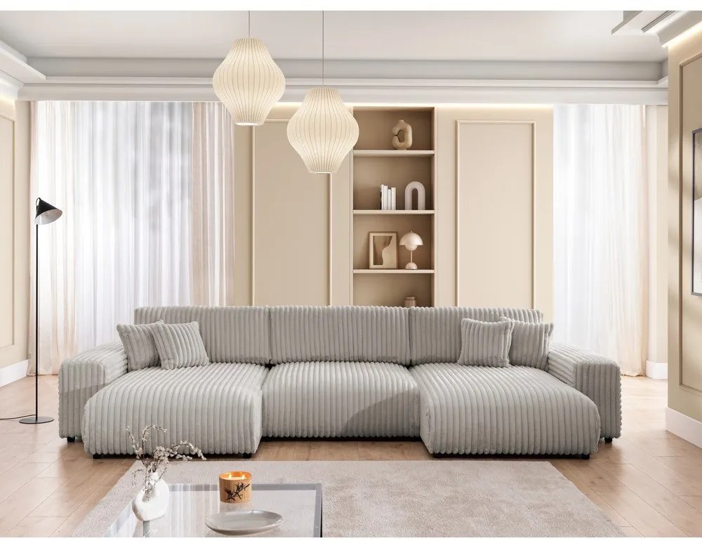 Világosszürke kordbársony kinyitható-tárolóhelyes sarokkanapé (U alakú) Sarina – Ropez