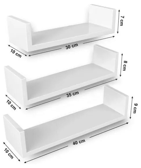 Fali polc 3 db-os szett, 30/35/40 cm, magasfényű fehér