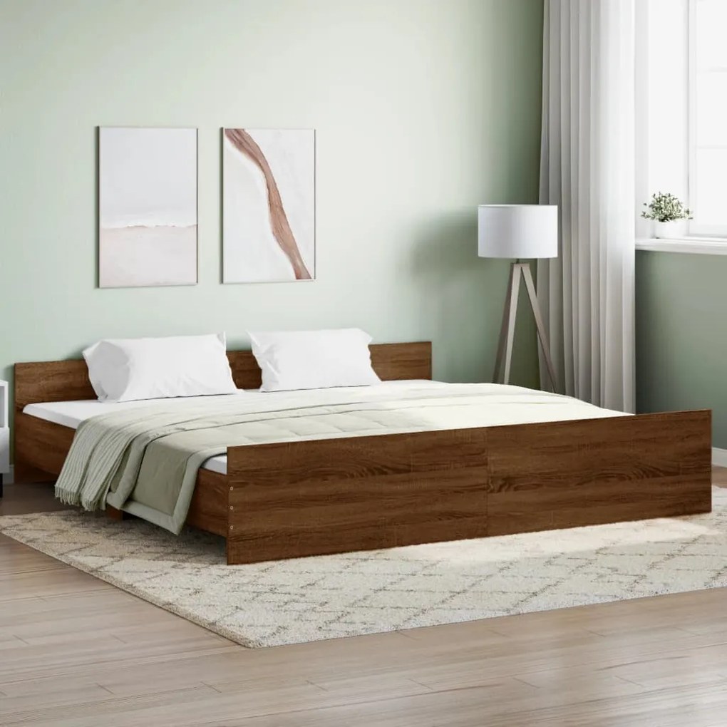 barna tölgyszínű fém ágykeret fej- és lábtámlával 200 x 200 cm