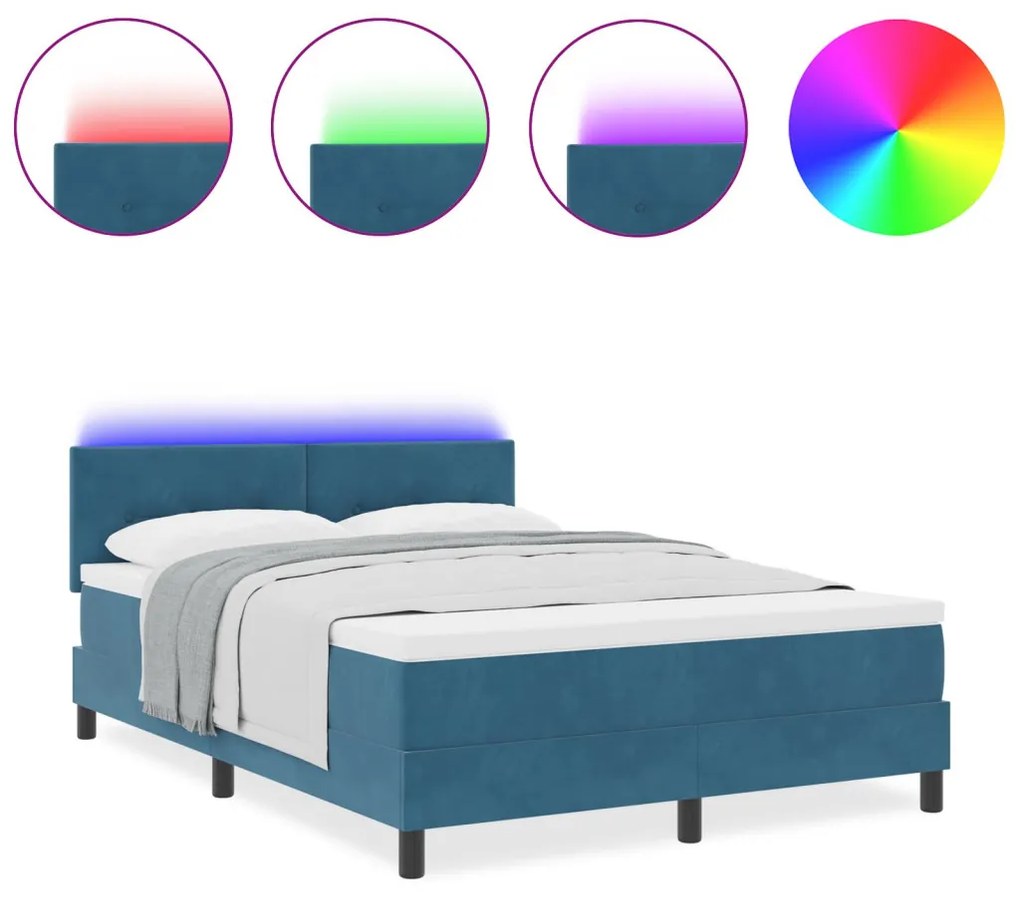 Boxspring Ágy Matrace és LED világítással Sötét Kék 140x190 cm Bársony