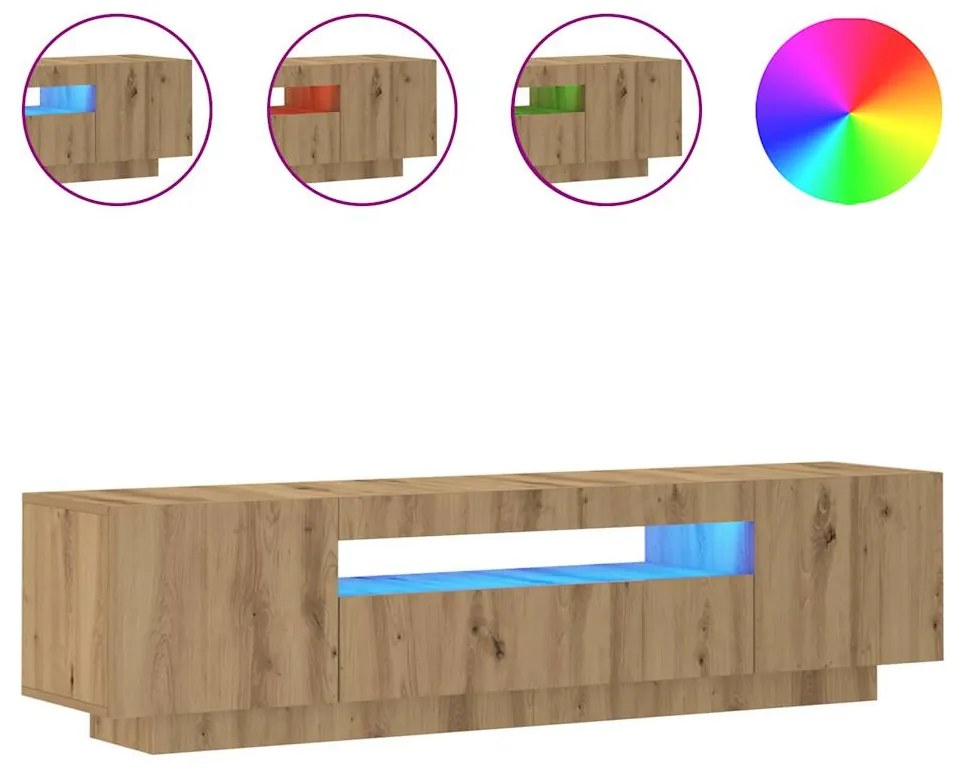 kézműves tölgy szerelt fa TV-szekrény LED-ekkel 160x35x40 cm