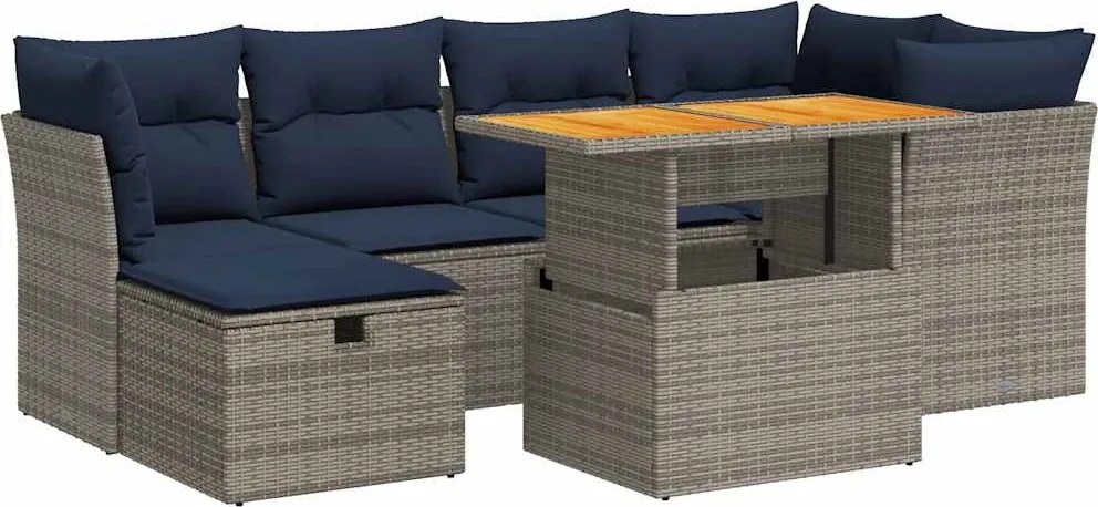 vidaXL 7 részes fekete polyrattan akácfa kerti ülőgarnitúra párnával