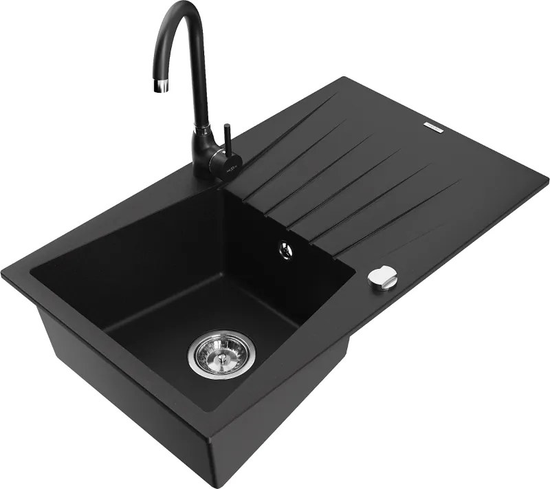 Mexen Cesar gránit mosogató 1 rekeszes csepegtetővel és Telma konyhai csapteleppel, fekete - 6514-77-670200-70