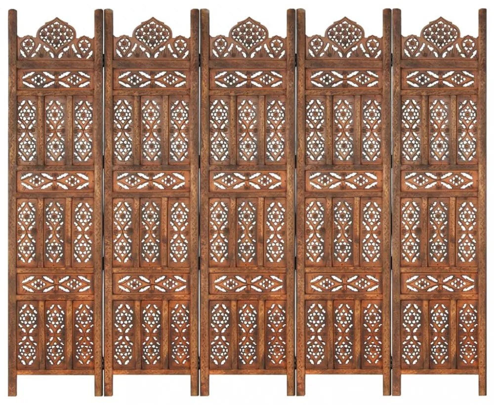 5-paneles barna mangófa kézzel faragott térelválasztó 200x165cm