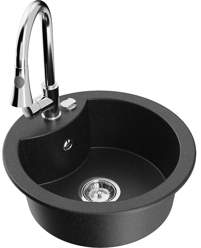 Mexen Diego, 1 kamrás gránit mosogató 488x488x167 mm és Elia mosogató csaptelep, fekete-ezüst metál, 6512-73-670101-00
