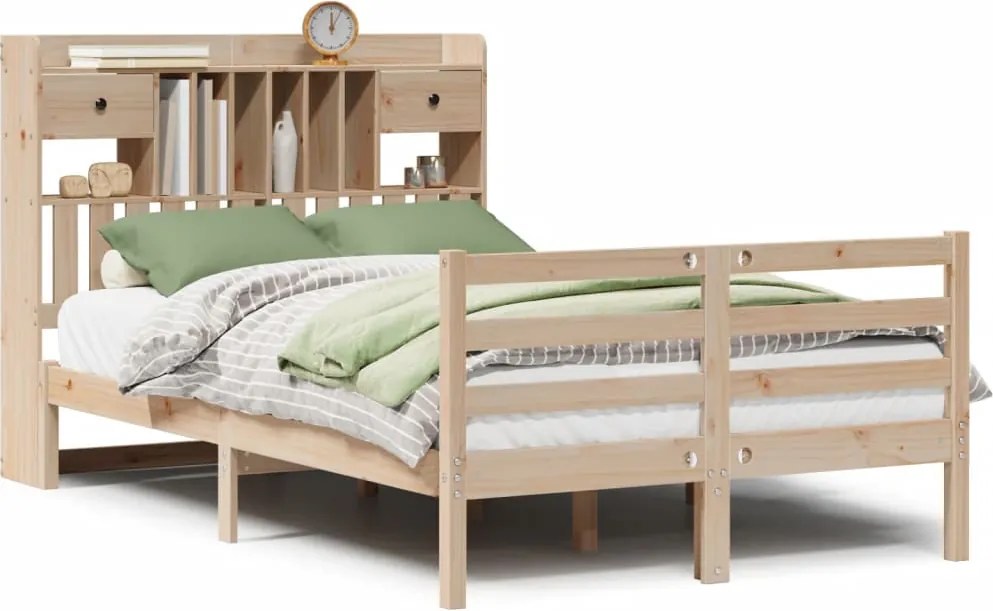 vidaXL tömör fenyőfa könyvespolcos ágy matrac nélkül 135 x 190 cm
