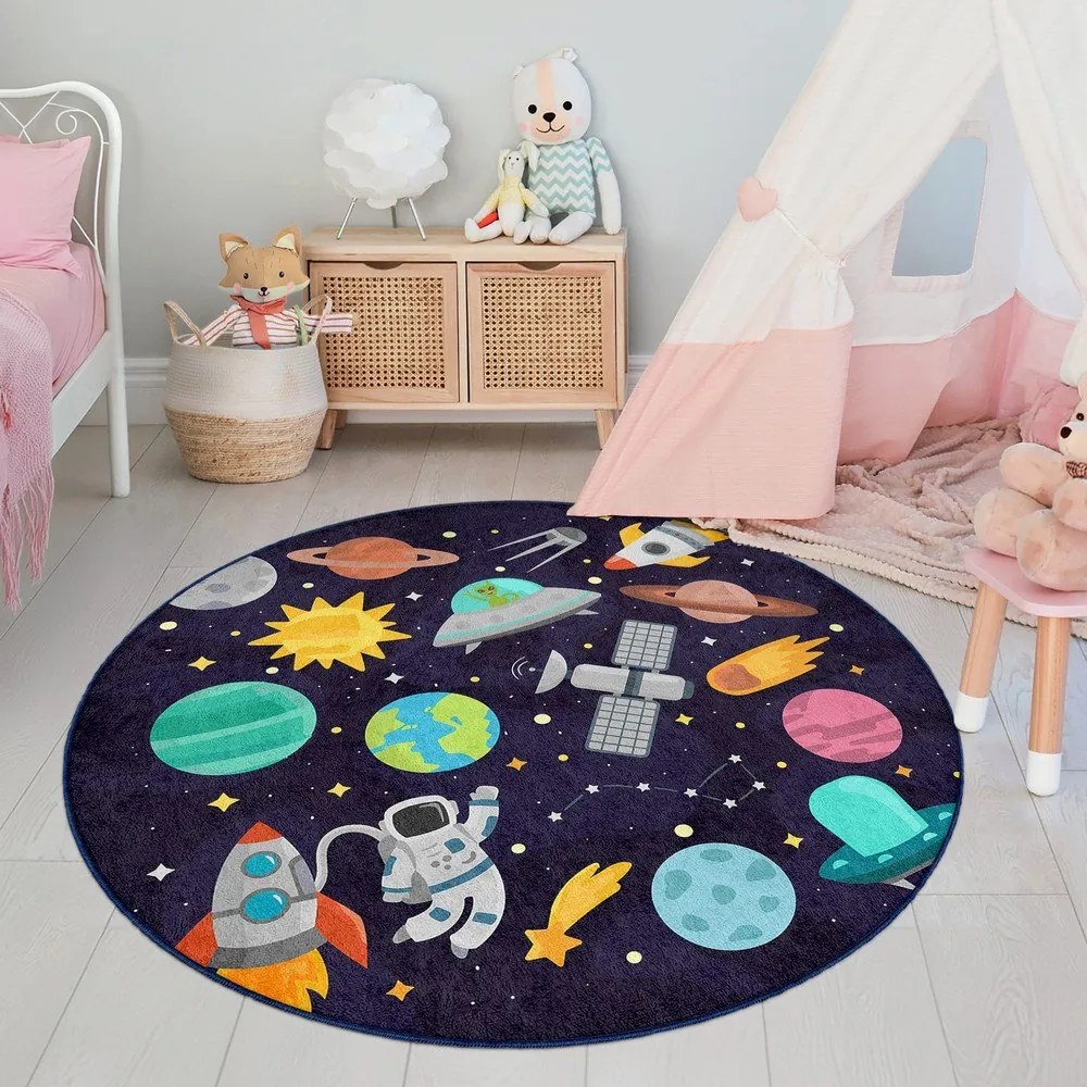 Sötétkék mosható gyerek játszószőnyeg ø120 cm Into The Space – Mila Home