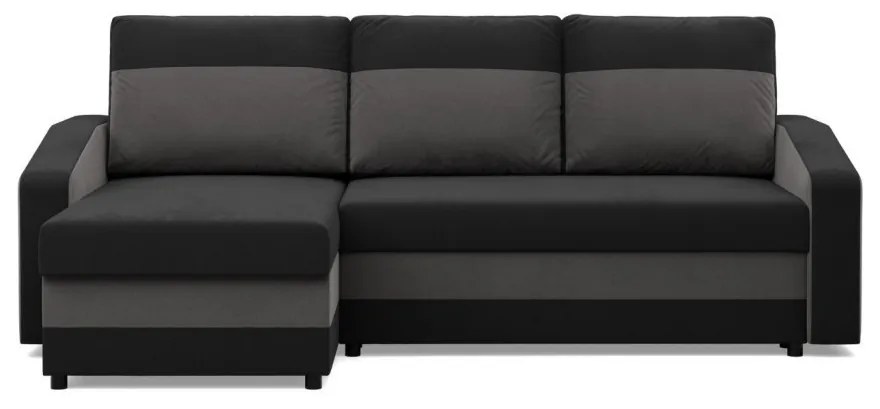 Hewlet sarokkanapé, 2 ágyneműtartóval, szövet anyag, univerzális oldal, hab töltet, fekete - szürke