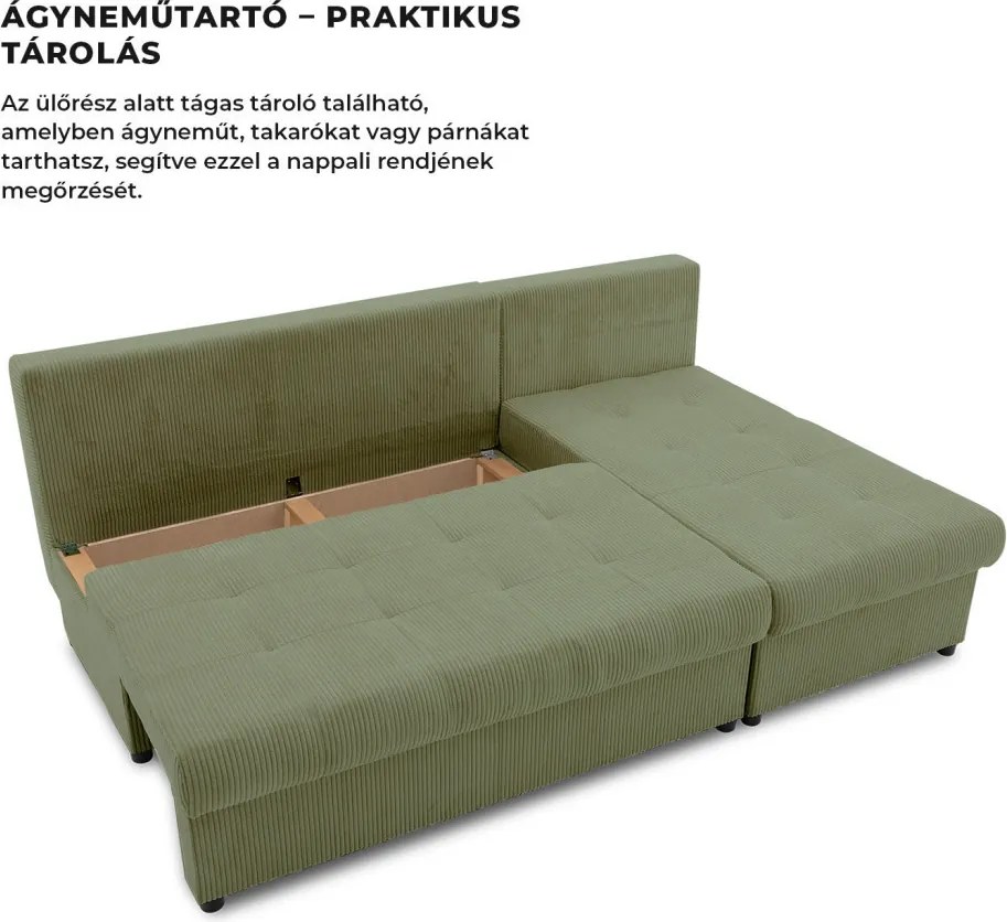 Venezia sarokkanapé, kordbársony, univerzális oldal, bonell töltet, zöld