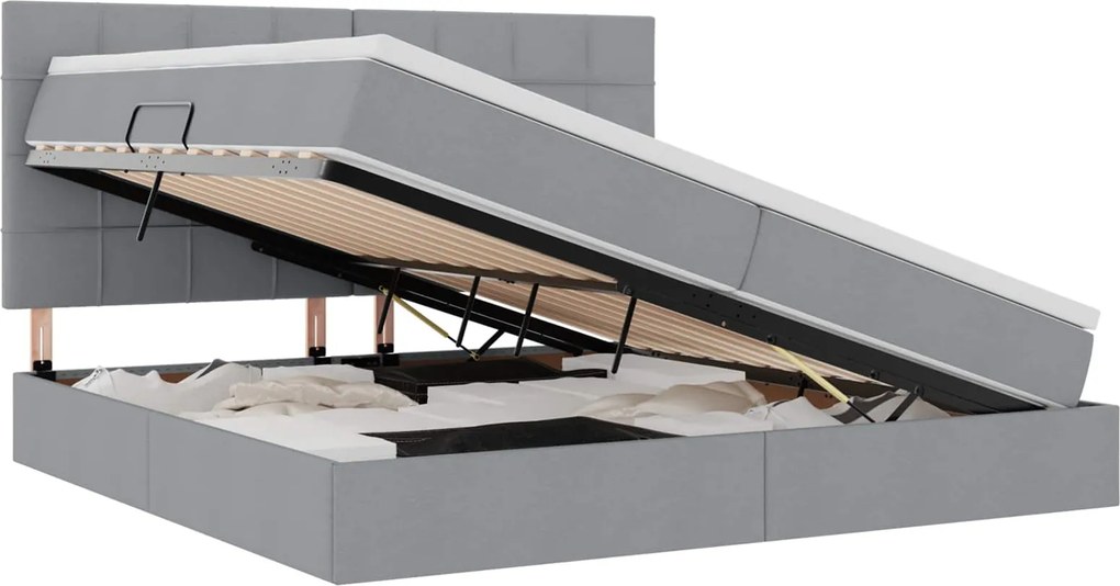 vidaXL Ágy tárolóval és LED lámpával leddel Világosszürke 200 x 200 cm