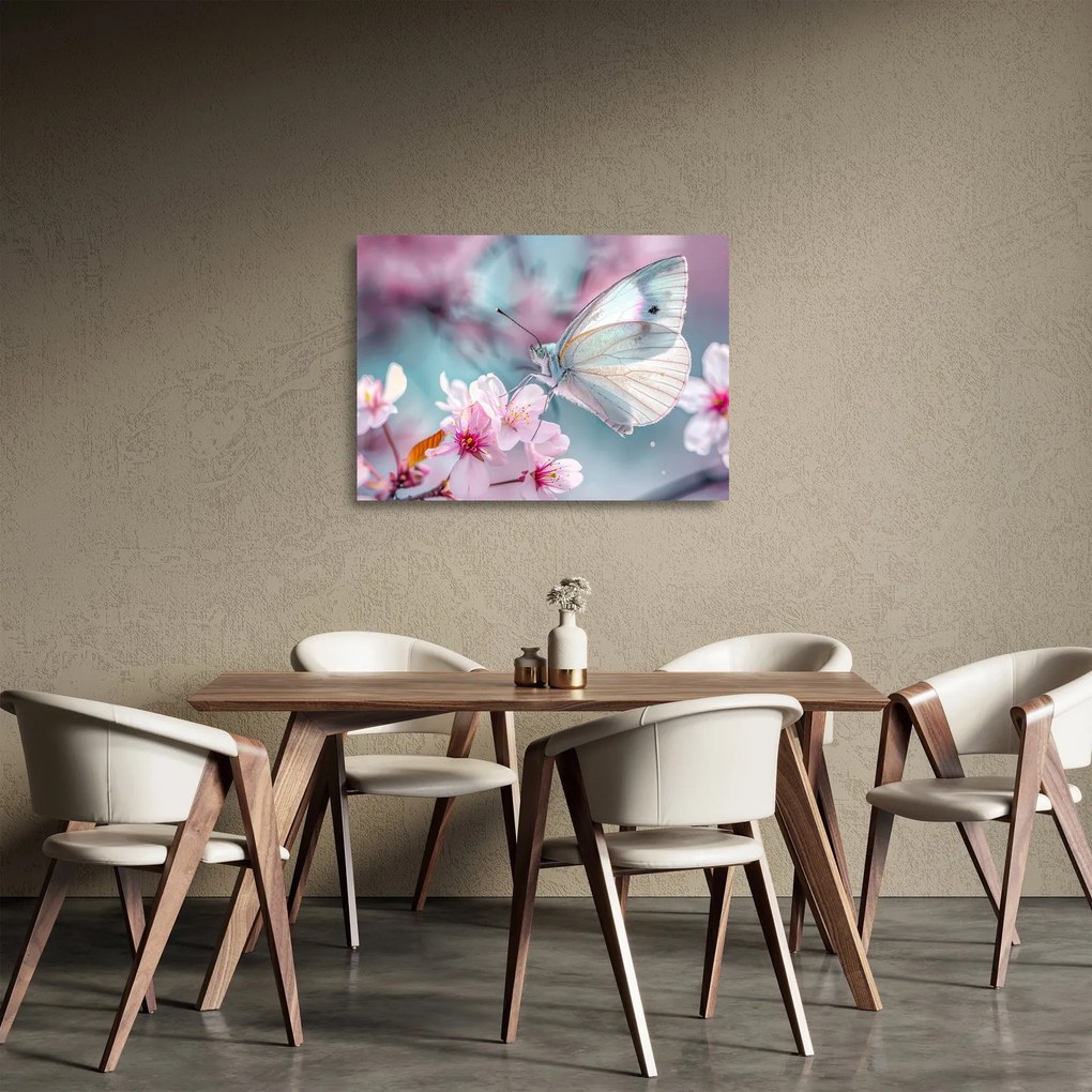 Üveg kép - Pillangó a cseresznyefán (70x50 cm)