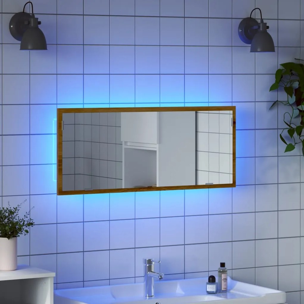 kézműves tölgy szerelt fa LED-es fürdőszobatükör 100x8,5x37 cm