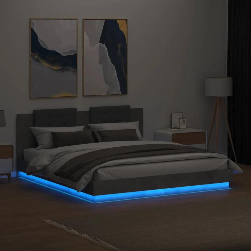 betonszürke ágykeret fejtámlával és LED-világítással 160x200 cm