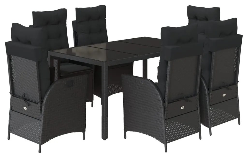 7 részes fekete polyrattan kerti étkezőgarnitúra párnával