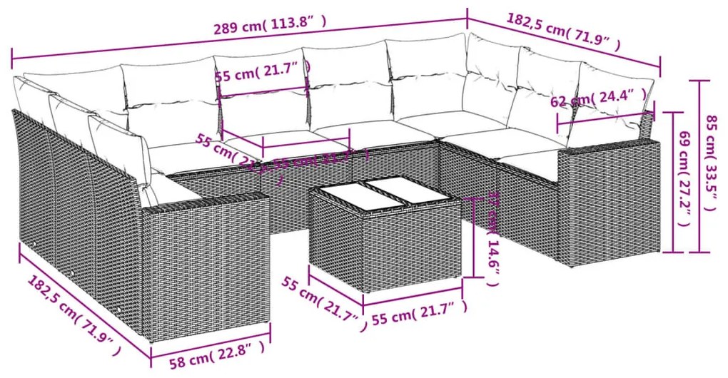 10 részes világosszürke polyrattan kerti ülőgarnitúra párnákkal