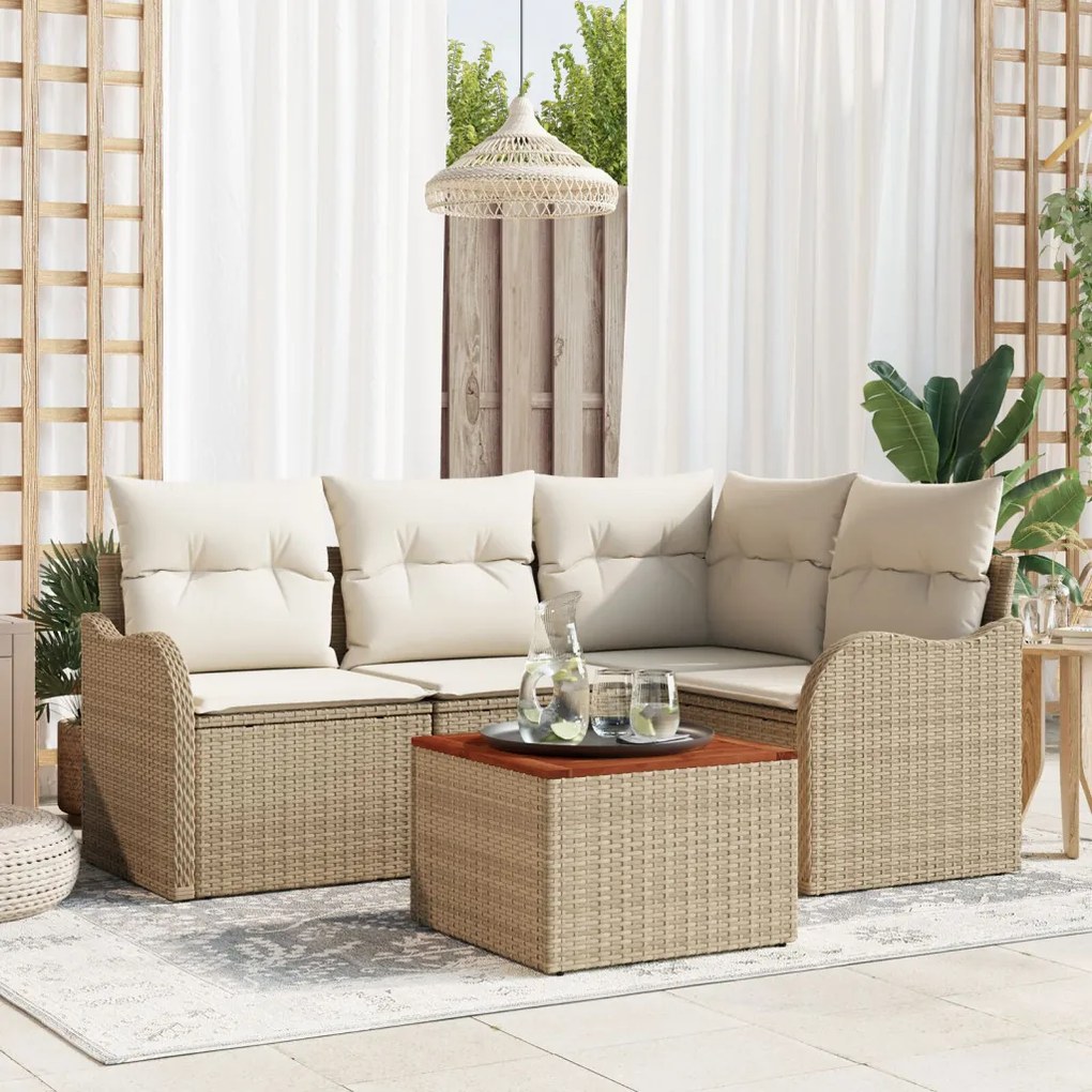 5 részes kerti sofa szett párnákkal bézs poli rattan akáccal, 2 személyes kerti sofa párnákkal bézs poli rattan