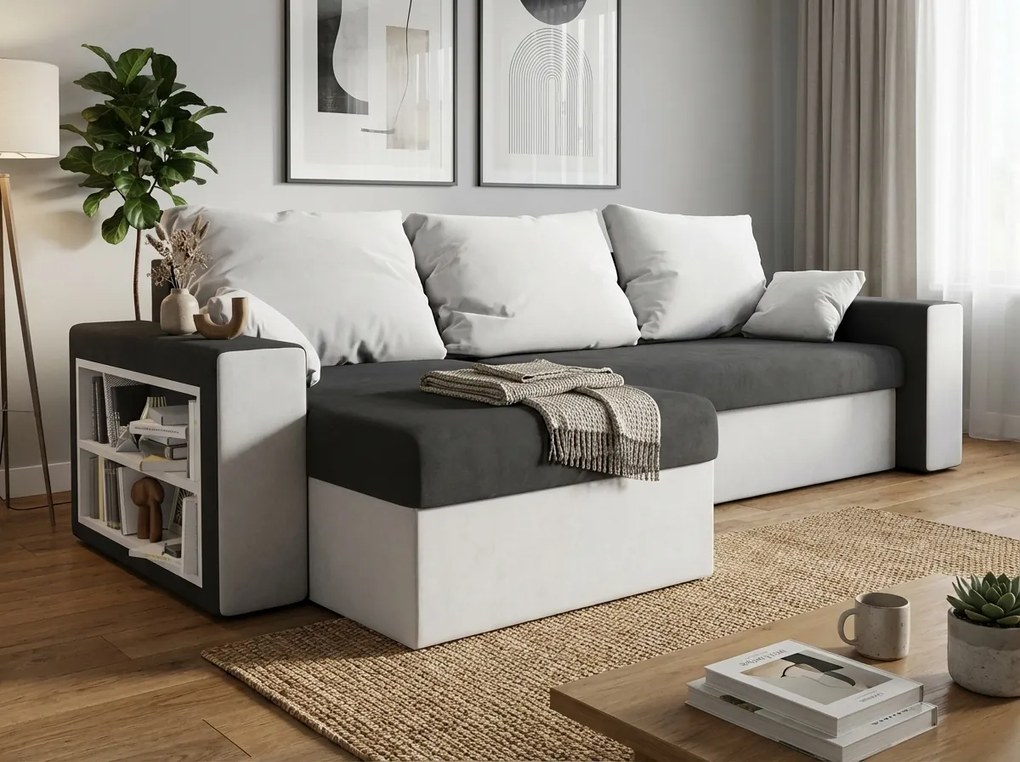 Kihúzható, kétoldalas L alakú kanapé NORIX 240x140 cm, szürke/fehér polccal + 2 díszpárna ingyen