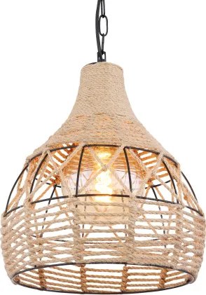 Globo 15671H Függeszték matt fekete fém váz, barna kenderkötéllel körbefonva. Ø:300, H:1350, fényforrás nélkül 1xE27 60W 230V