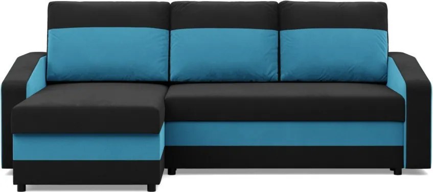 Hewlet sarokkanapé, 2 ágyneműtartóval, szövet anyag, univerzális oldal, hab töltet, fekete - kék